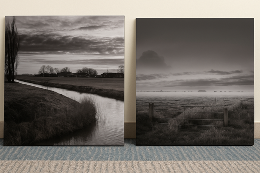 Two black and white landscape paintings on a wall.